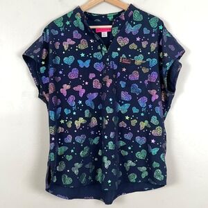 Betsey Johnson Butterfly Aura Scrub Women Top L Navy Rainbow Heart Star Pride